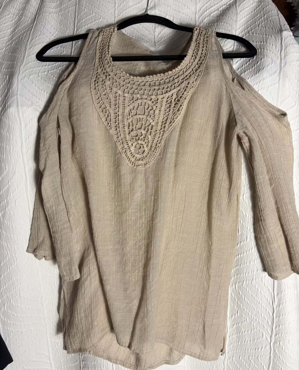 Spense Cold Shoulder Tunic Top Beige Crochet Trim